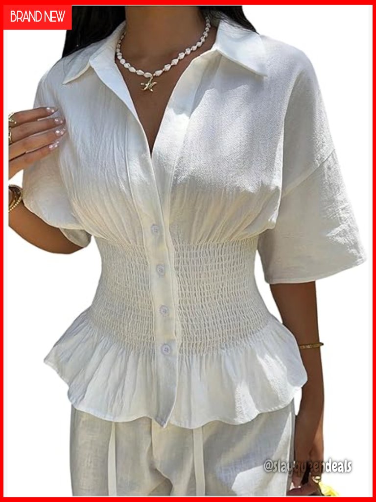 Collared Button Down Short Sleeve Peplum Top Smocked Waist Blouse